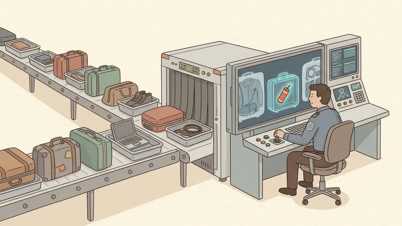 Eine Gepäckkontrolle am Flughafen: Koffer und Trays laufen durch den Scanner, ein Operator sitzt vor dem Röntgenmonitor, und zwischen den gewöhnlichen Durchleuchtungsbildern erscheint ein eingeschleustes Testbild, ein leuchtend markierter Koffer mit Knallkörper darin.